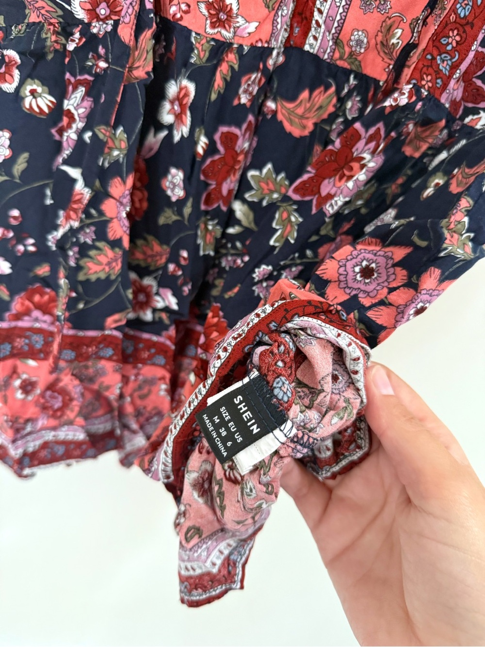 Shein | Women’s Boho Navy Coral Bohemian Floral Blouse Top Viscose Medium GUC - Picture 6 of 8